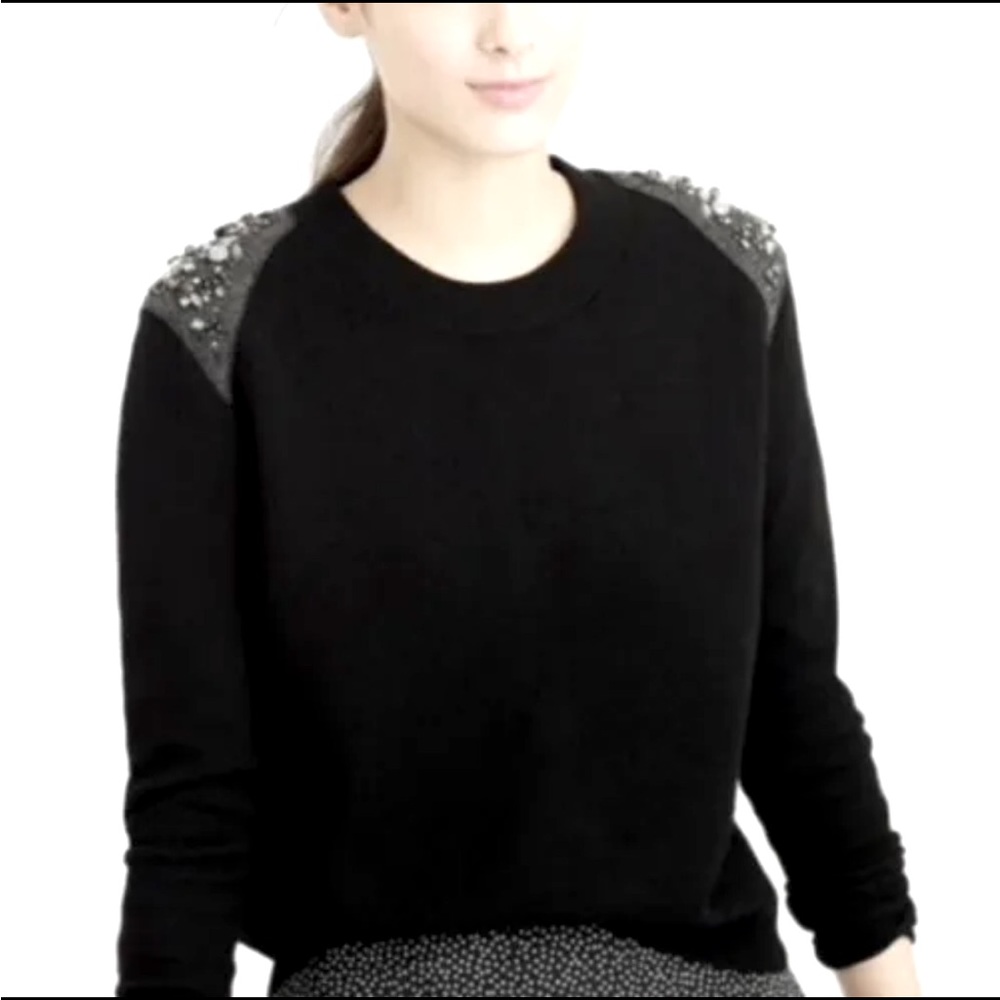 J. Crew black jeweled shoulder wool sweater with zip back sz S